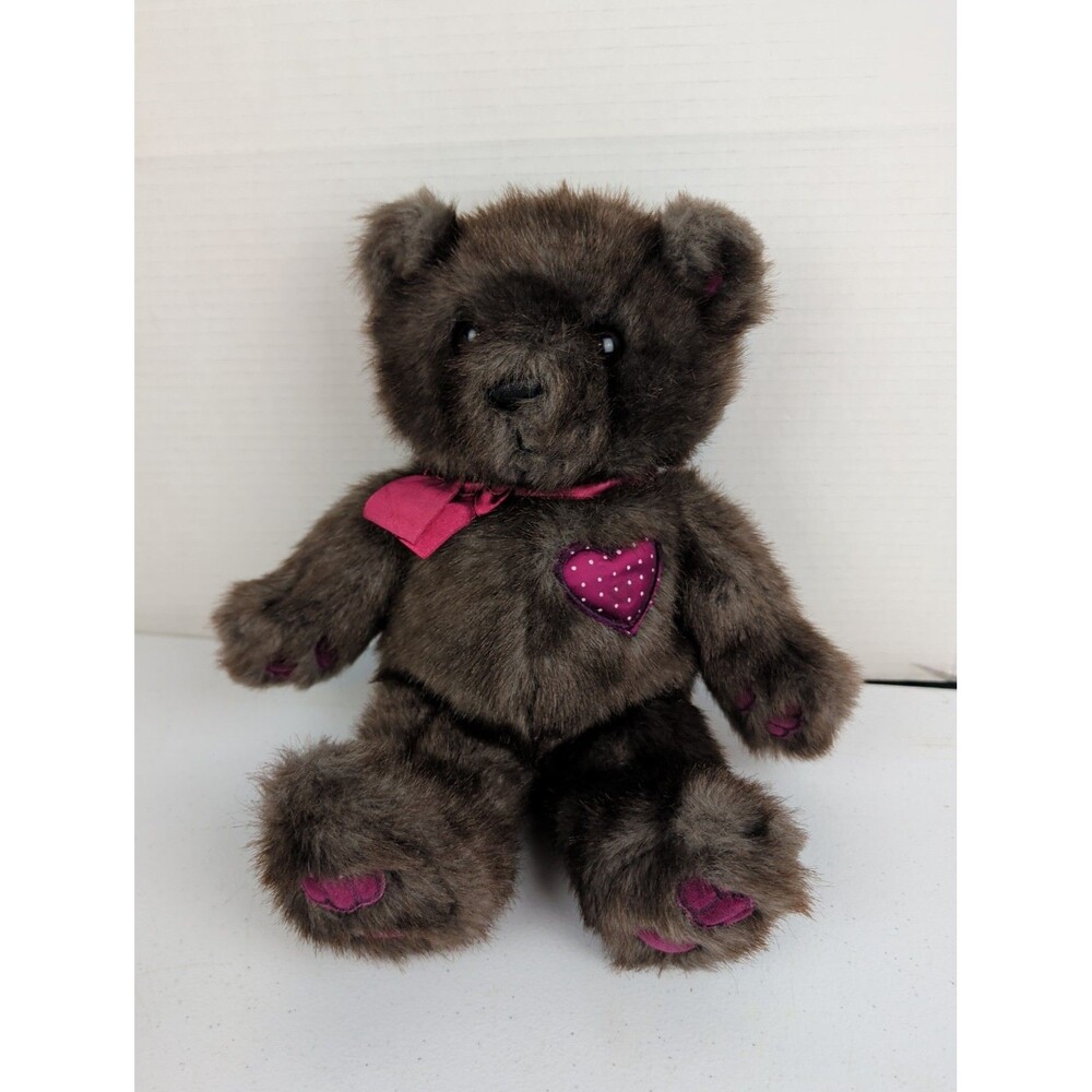VINTAGE 1987 DAKIN TEDDY BEAR WITH SATIN HEART & BOW PLUSH FIGURE LONG FUR